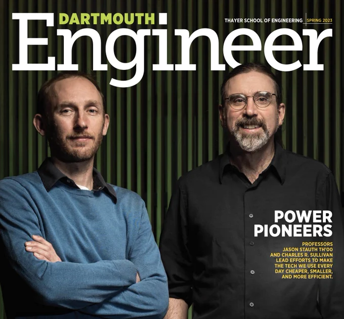Dartmouth Engineer magazine cover, featuring Professors Jason Stauth and Charlie Sullivan standing next to each other with a black and green striped background. 
