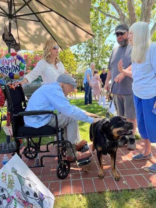 outside, a man in a wheel chair happily pats a Rottweiler that's standing in front of him. they are surrounded by many people and dogs who have lined up to wish him happy birthday.