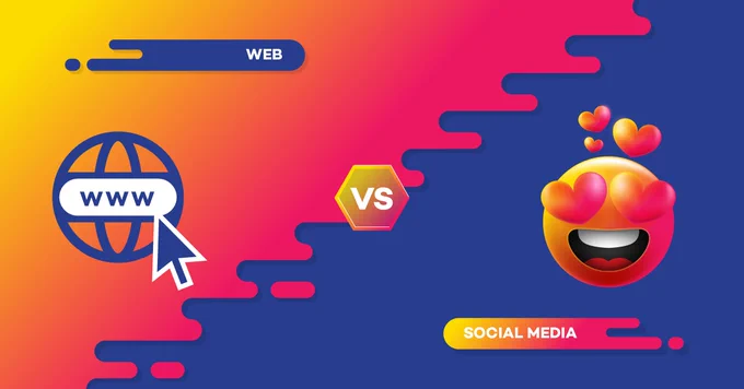 Screen split into two with one side orange pink with the image of the globe representing "the web" and the other side is dark blue with a loving emoji face representing "social media"
