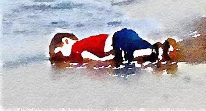 Watercolour image of Alan Kurdi, 2 year-old Syrian boy drowned and washed up on the beach near Bodrum, Turkey in 2015 while fleeing the war with his family