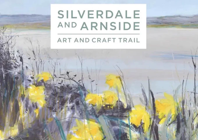 An expressive painting of a sandy bay, hills in the background and flowers in the foreground. Text over reads: SILVERDALE AND ARNSIDE ART AND CRAFT TRAIL