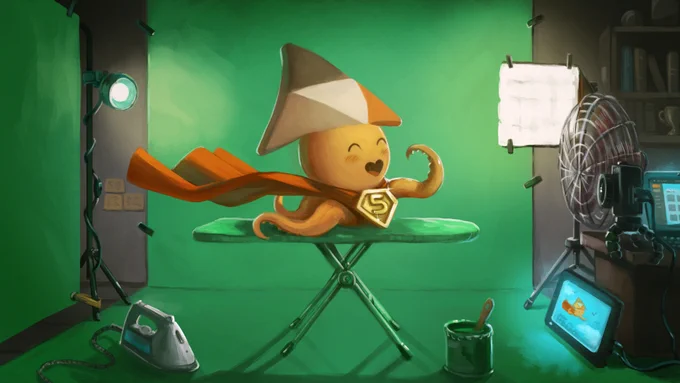Sepia, la mascotte de PeerTube, se filme sur un écran vert comme s'iel était un / une super héros / héroine en train de voler.