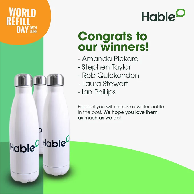 Decorative graphic announcing the winners of a competition. Includes cut out images of water bottles.