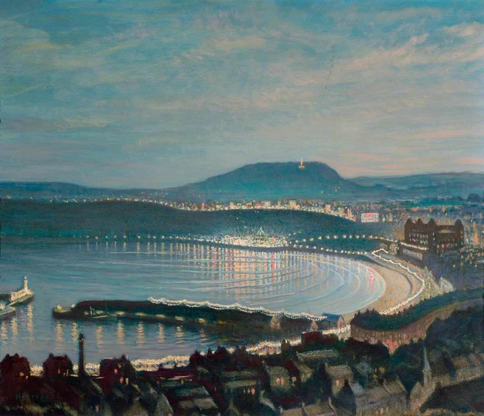A painting of Scarborough South Bay in the evening, with lights reflected in the water. 