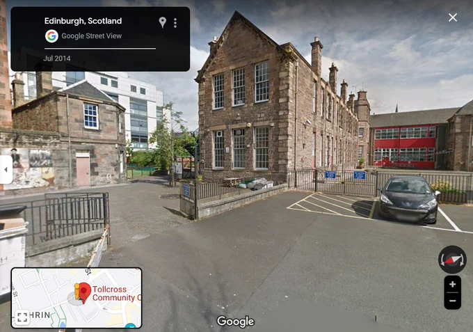 Google Maps image of the Tollcross Primary School car park, next to the Tollcross Community Centre.