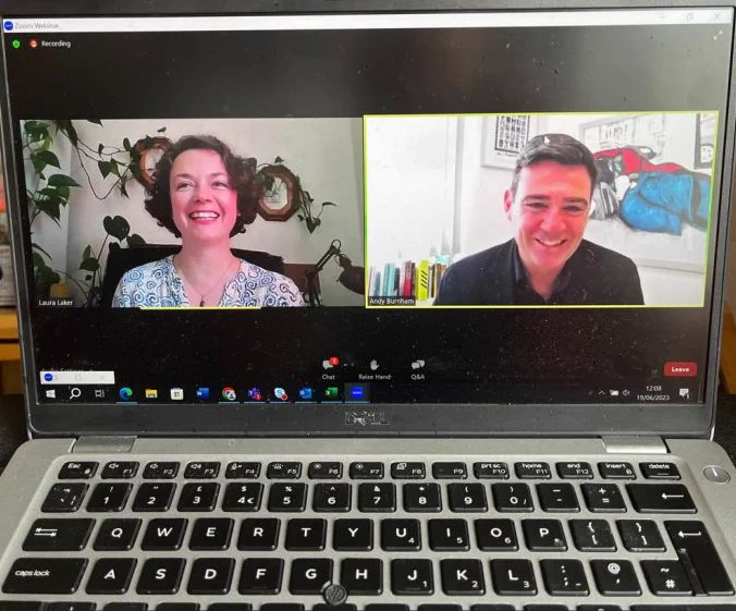 Laura Laker and Andy Burnham speaking online as part of the Urban Transport Next: Bee Here Now conversation