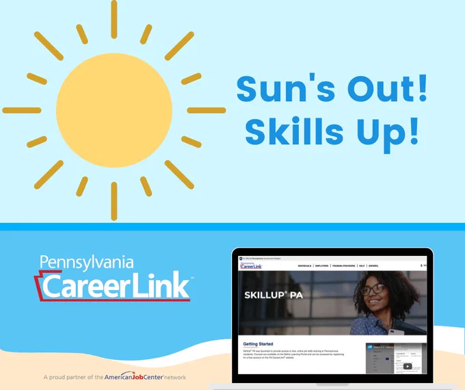 Graphic of a beach scene with a computer opened to the SkillUp PA homepage and text that reads: Sun's out! Skills Up!