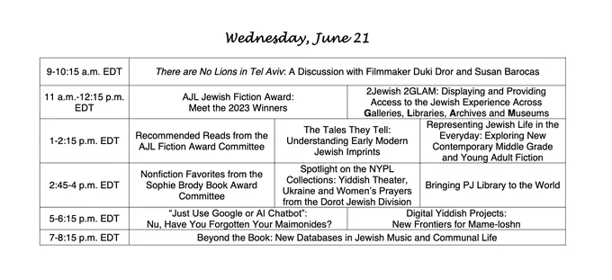 schedule for Wednesday at the Association of Jewish Libraries digital conference.