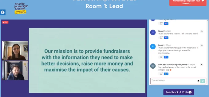 Screenshot of Fundraising Everywhere leadership festival with James and Alex as presenters