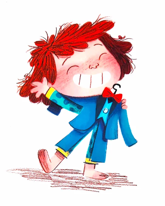 Same child, holding same tux and bowtie on a hanger up to self, over pajamas; Molly is barefoot, one arm and one leg extended in a joyful "ta-da" pose, eyes closed with a big grin, red hair in short bob and bangs