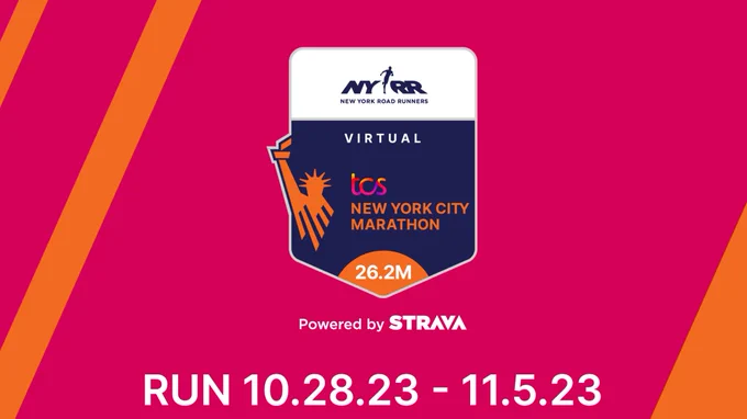 A graphic of a Strava badge for the Virtual TCS New York City Marathon Powered by Strava.
