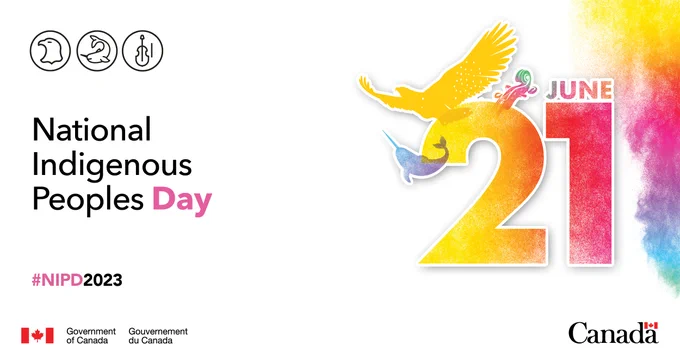 On the right, the eagle in yellow representing First Nations. The narwhal in blue, representing Inuit. The violin in green, representing Métis. The multicoloured smoke shows the date of June 21. On the left, the text: National Indigenous Peoples Day. #NIPD2023