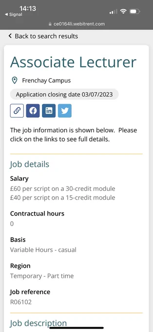 Image of job at at UWE offering 0 hour, casualised contract to mark the essays and assignments of staff involved in the MAB.