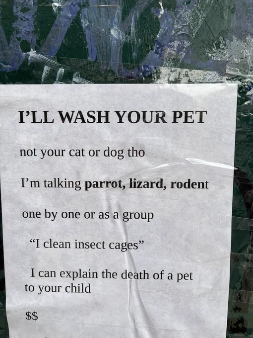 I’LL WASH YOUR PET

not your cat or dog tho
I’m talking parrot, lizard, rodent 
one by one or as a group  
“I clean insect cages”
I can explain the death of a pet to your child  
$$