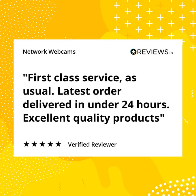 Image showing a 5-star review by a verified customer of NetworkWebcams.co.uk. The text reads "First class service, as usual..." and so on.