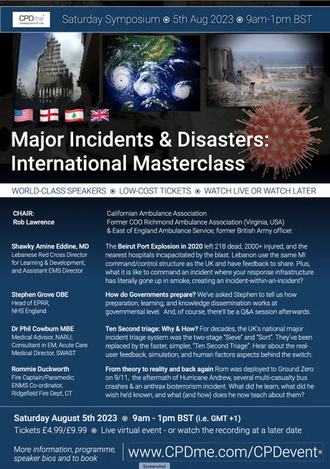Dark blue and black flyer with thumbnails of major incidents and white text including brief programme - should be accessible at https://www.cpdme.com/CPDEVENT