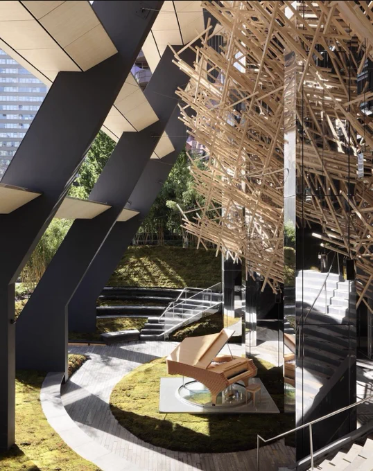 Another angle of the Layering Fazioli piano and Kigumi sculpture.