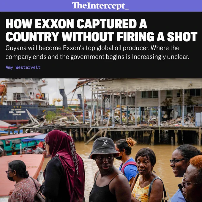 The Intercept
How Exxon Captured A Country Without Firing a Shot
Guyana will become Exxon's top global oil producer. Where the company ends and the government begins is increasingly unclear.
By Amy Westervelt

Image shows people congregating on a dock near a boat with a waterway behind them.