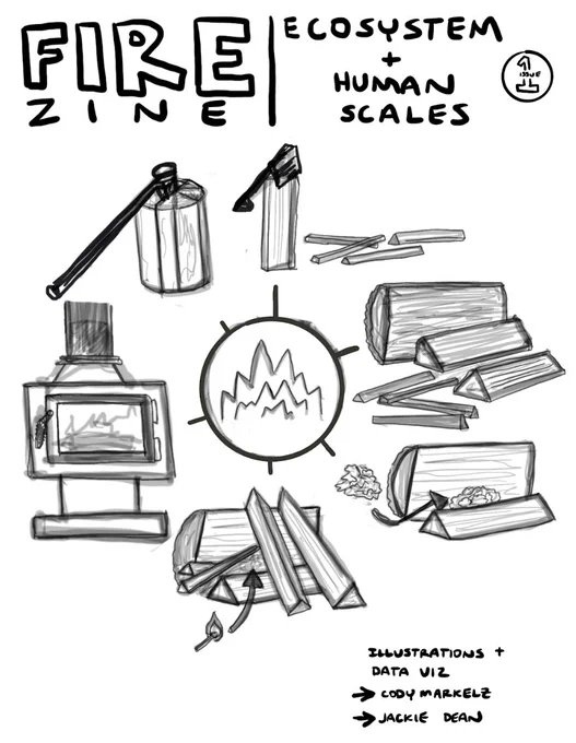 Cover of the "Fire "Zine" with a black and white  illustration of a fire in the center, with wood in different stages being prepared to be burned in a wood stove. Text Reads: Fire Zine | Ecosystems   Human Scales.  Illustrations and Data Viz by Cody Markelz and Jackie Dean