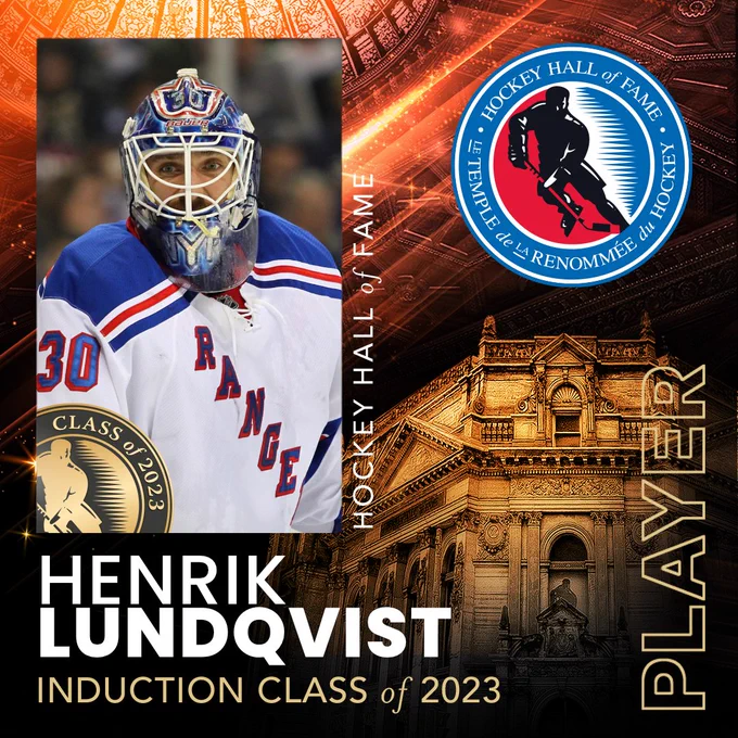Graphic celebrating Henrik Lundqvist as a Player Inductee of the Hockey Hall of Fame’s Class of 2023. 