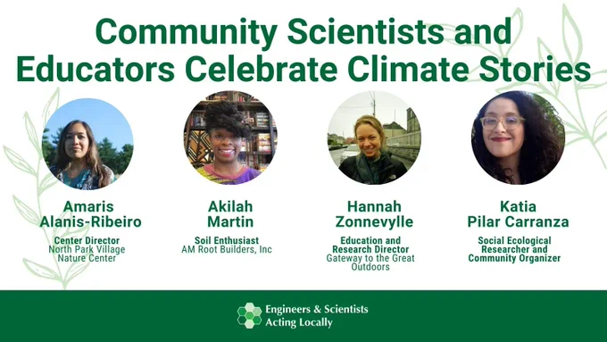 A graphic with 4 headshots of Amaris Alanis-Ribeiro, Hannah Zonnevylle, Akilah Martin and Katia Pilar Carranza. The background is white with light green leaf fronds.