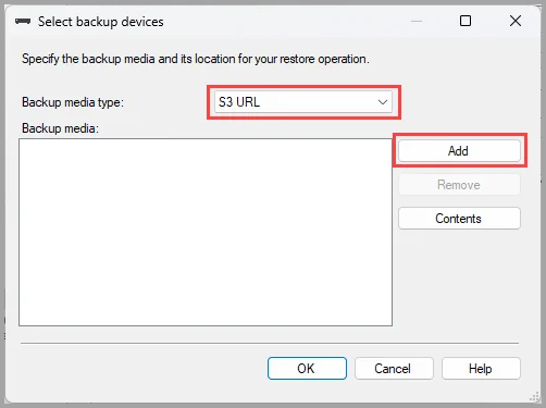 Screenshot of S3 URL option for Backup media type