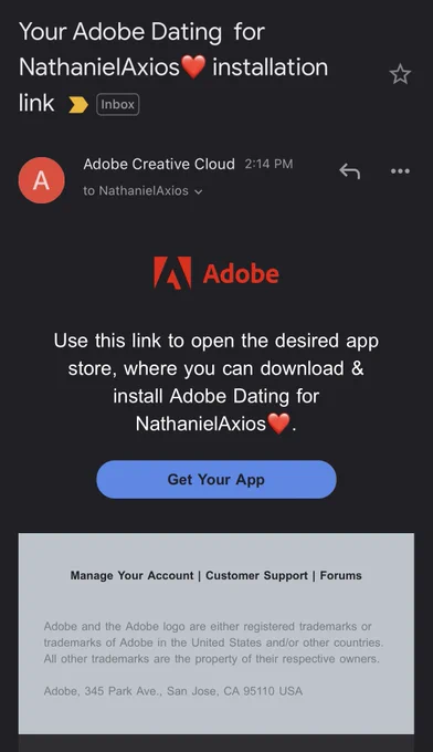 Adobe email screenshot: Your Adobe Dating for NathanielAxios❤️ installation link. Use this link to open the desired App Store, where you can download & install Adobe Dating for NathanielAxios