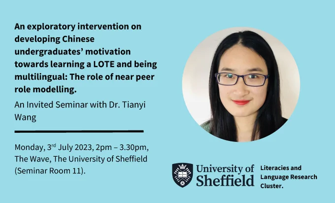 Visual flyer for Tianyi's seminar: Monday 3rd July 2023, 2pm-3.30pm at The Wave, The University of Sheffield, Seminar Room 11. 