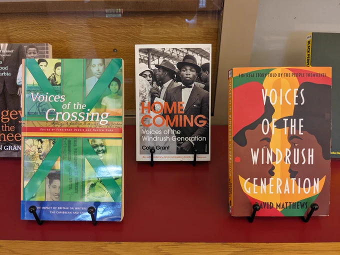 Books on display to mark Windrush Day include Voices of the Crossing, Home Coming and Voices of the Windrush Generation