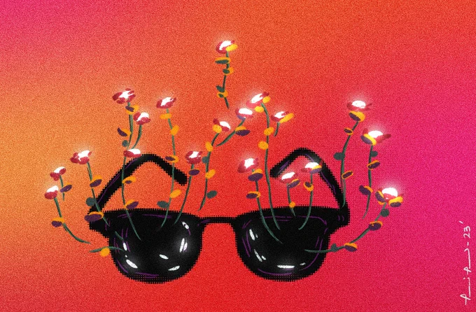 Flowers, hope, light sprouting and blooming from black shades. Orange, pink, yellow, red gradient in background.
An illustration by Pariplab Chakraborty.
