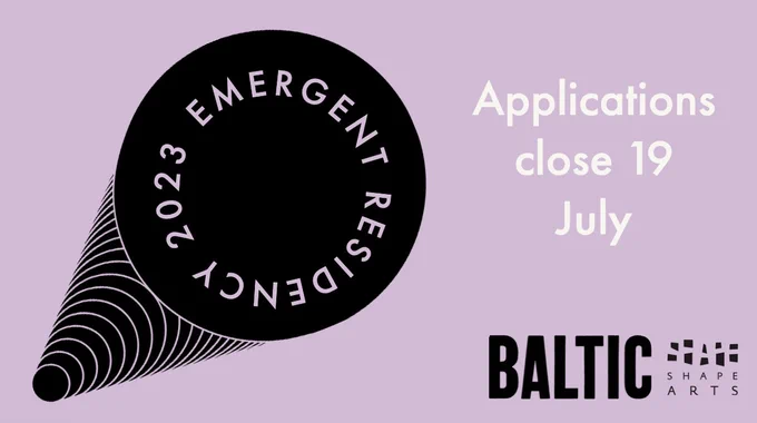 Digital image on a purple background of a circular black object with the text inside that reads ' Emergent Residency 2023' To the right reads 'Applications close 19 July' in white text.