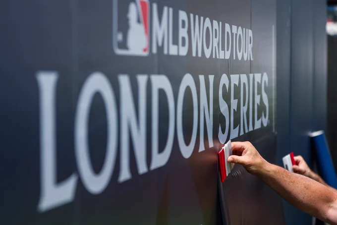 London Series signage is installed at London Stadium.