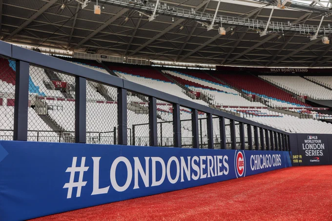 Signage inside London Stadium promotes the hashtag #LondonSeries and the Chicago Cubs logo is featured.