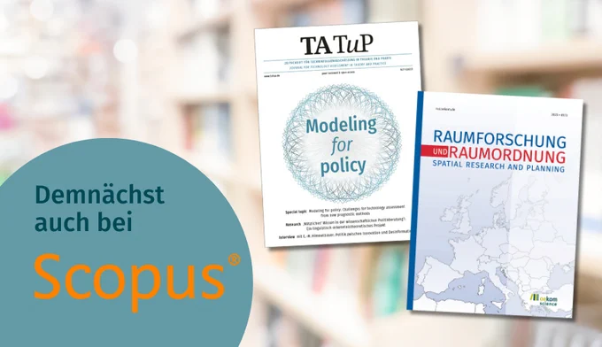 Eine Grafik zeigt die Cover der aktuellen Ausgaben von TATuP und Raumfoschung und Raumordnung. Dazu der Text: "Demnächst auch bei Scopus"