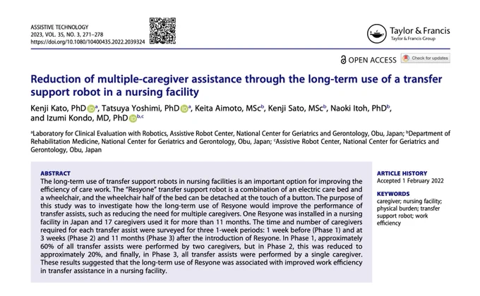 Title page of Assistive Technology Journal article, including indexing information, title, author details, full abstract, and keywords. "Reduction of multiple-caregiver assistance through the long-term use of a transfer support robot in a nursing facility" by Kenji Kato, Tatsuya Yoshimi, Keita Aimoto, Kenji Sato, Naoki Itoh, & Izumi Kondo. 