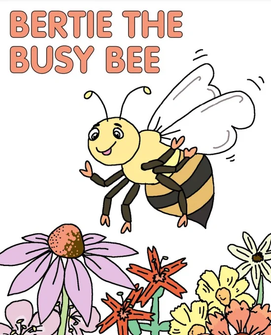 Graphic of Bertie the Busy Bee coloring book cover.
