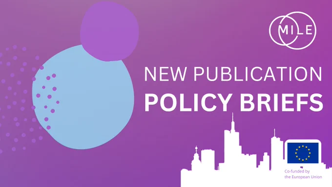 A purple and blue banner with the MILE and EU logo and the text "New Publication: Policy Briefs"