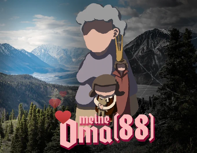 Meine Oma (88) Key Art - Three states of a woman in front of a alpine scenery. 