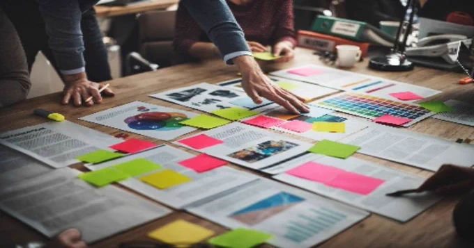 A table full of papers and sticky notes. 
