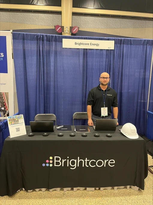 Brightcore Energy's Tyler Levy works the Brightcore booth at the North American Rink Conference & Expo in Buffalo, hosted by the United States Ice Rink Association.