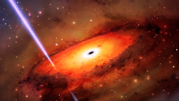 Artist's impression of the core of a galaxy with a black hole in the middle and swirling orange dust and gas around it, showing a beam of white light, depicting a gamma-ray burst.