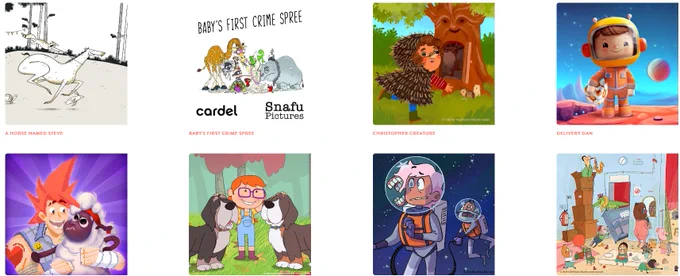 Screenshot of the 8 Irish projects selected for CARTOON Forum in Sep 2023. 