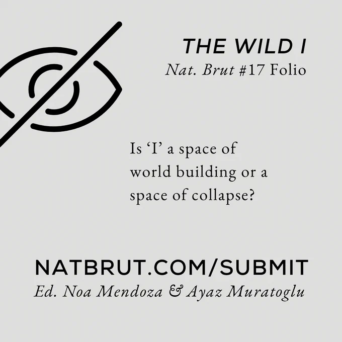 Graphic showing an abstract symbol of an eye with a line crossing through it. Text reads: The Wild I / Nat. Brut #17 Folio / Is "I" a space of world building or a space of collapse? / Natbrut.com/submit