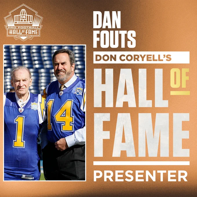 A photo of Don Coryell and Dan Fouts on the left; on the right, words saying Dan Fouts, Don Coryell's Hall of Fame Presenter.