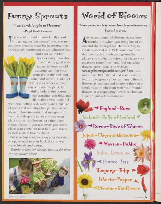 A page from UU world magazine. An image of children smelling flowers is in the bottom left corner of the page. Pictures of different flowers and their names are along the right side of the page.