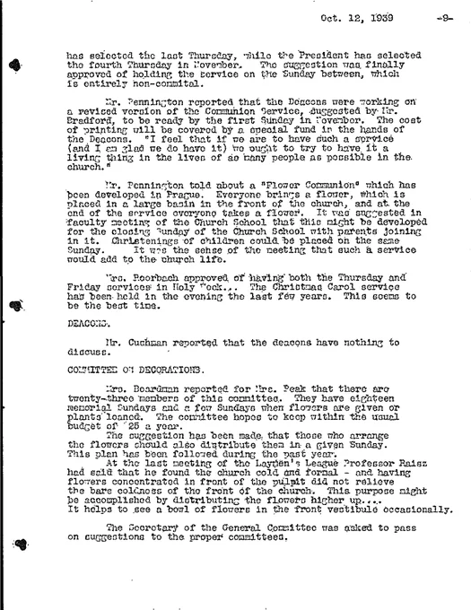 A page from the First Parish papers (Cambridge, MA) that tells the origin of the Flower Ceremony.