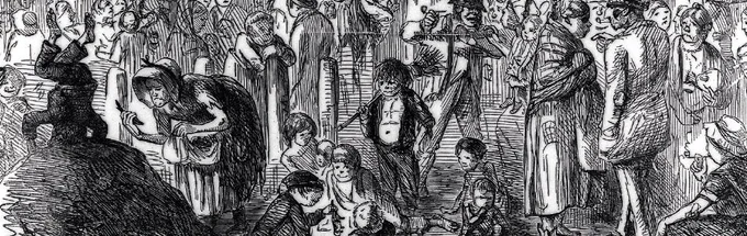 Excerpt from a vintage drawing of a crowded street, labelled "A COURT FOR KING CHOLERA"