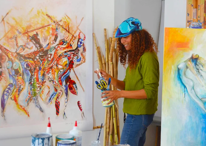 Rhian in her studio, working. 