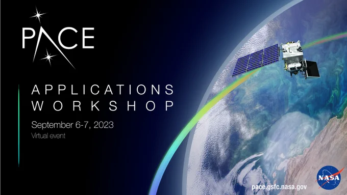 This grahic shows an artist rendering of the NASA Plankton, Aerosol, Cloud, ocean Ecosystem (PACE) mission orbiting over Earth on the right side of the graphic with the NASA logo in the bottom right corner and the pace.gsfc.nasa.gov url to the left of the logo.

The left side of the image features text that reads, "PACE Applications Workshop, September 6-7, 2023 Virtual Event" in white font.  