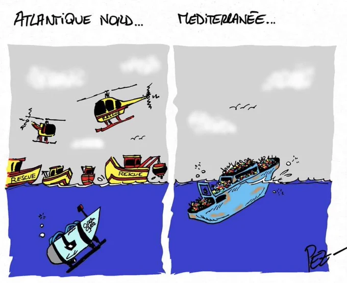 Dessin représentant sur une 1ère image le sous-marin TITAN avec d'énormes moyens de secours: hélicoptères, bateaux... sur la seconde image: un bateau avec à son bord des centaines de personnes migrantes qui coule en Méditerranée sans aucun secours déployé. 